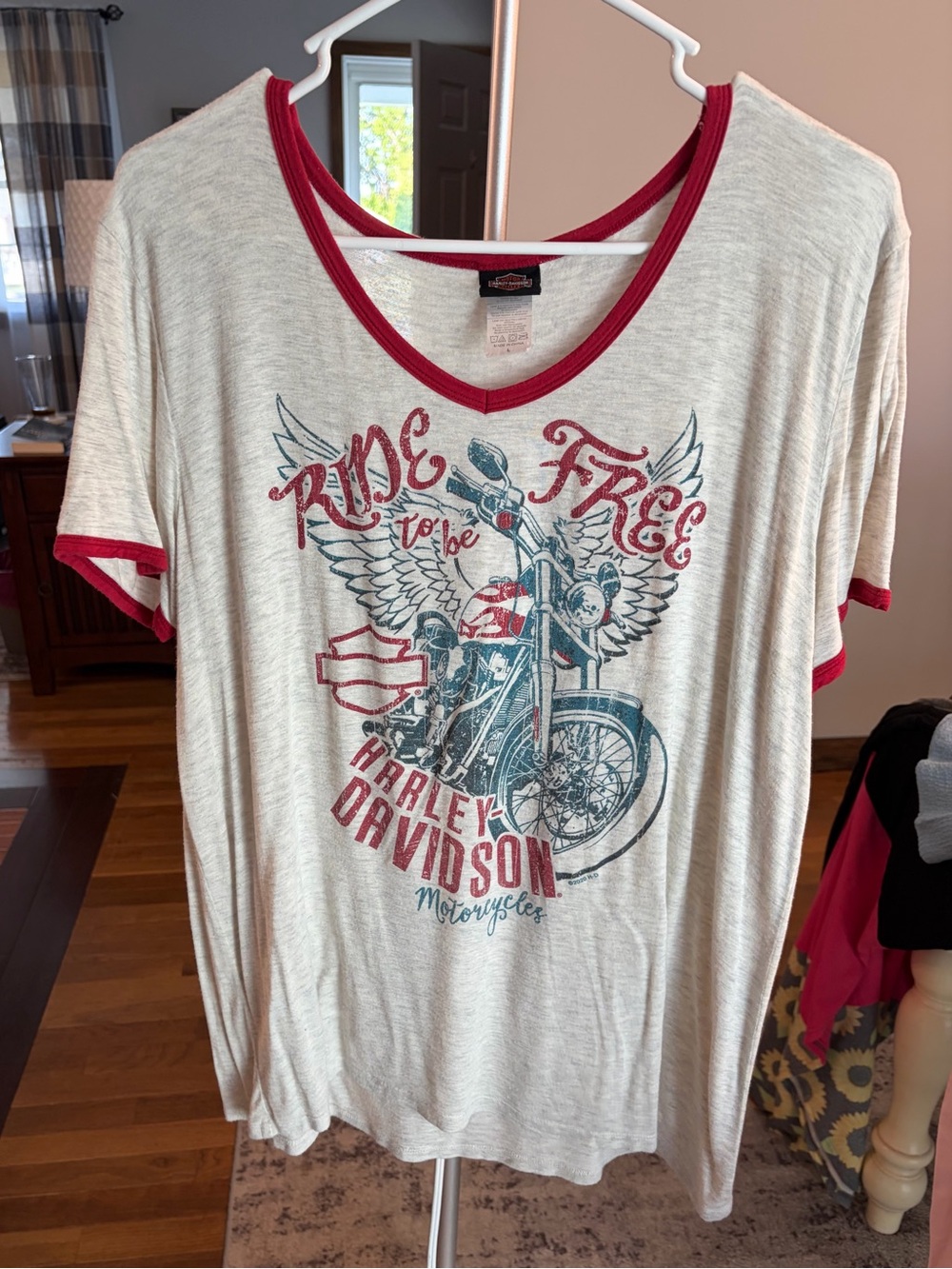 Harley-Davidson Women's Light Gray Tee with Red Trim and Motorcycle Graphic